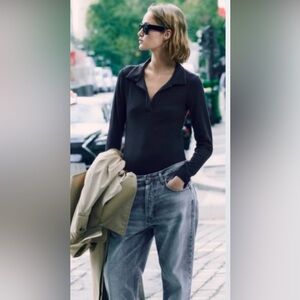 Zara Polo Bodysuit Top Dark Navy Blue SIZE L